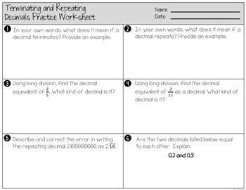 Terminating and Repeating Decimals Worksheets and Partner Activity