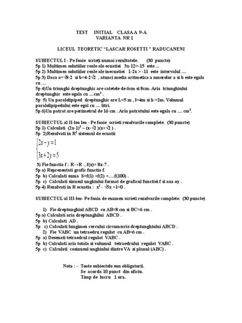 Teste Initiale Romana Clasa 8