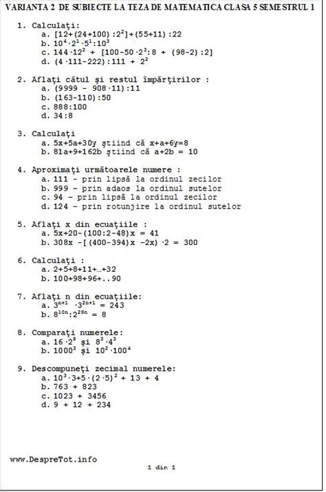 Teste Matematica Clasa 5 Semestrul 1