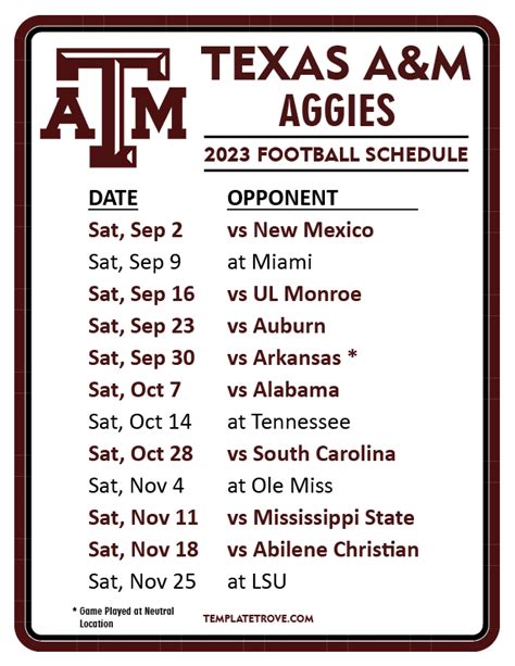 Texas A&m Football Schedule Printable