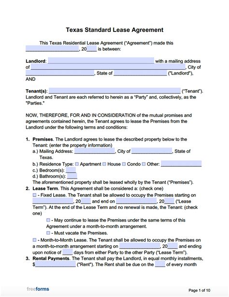 Texas Lease Agreement Printable