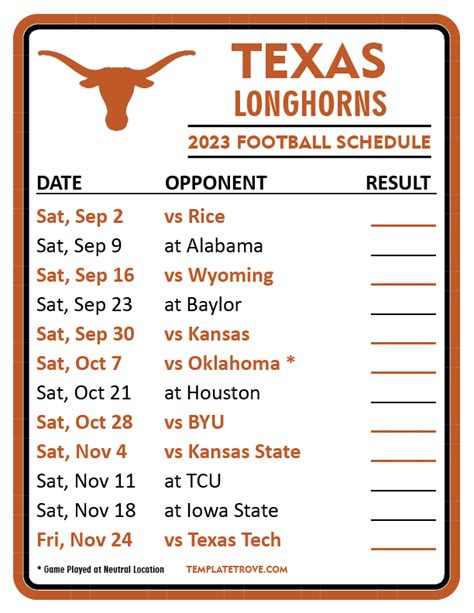Texas Longhorns Football Schedule 2023 Printable