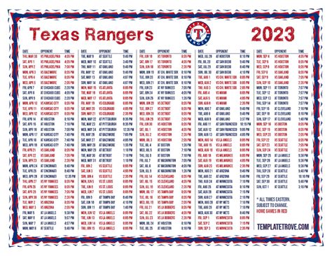 Texas Rangers 2023 Printable Schedule