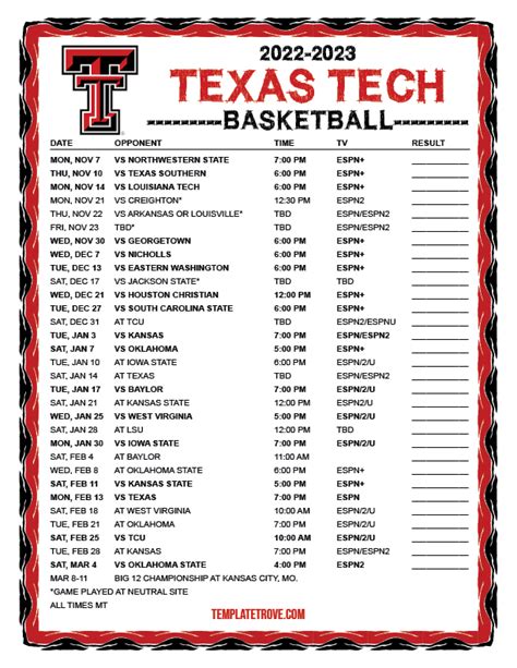 Printable 20192020 Texas Tech Red Raiders Basketball Schedule