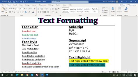 Text Formatting in ms word
