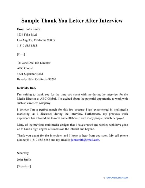 Thank You Letter For Interview Template