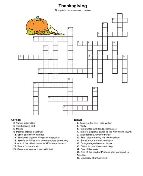 Thanksgiving Crossword Puzzles Printable Free