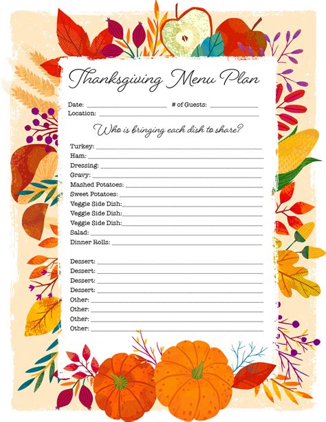Thanksgiving Menu Planner Printable