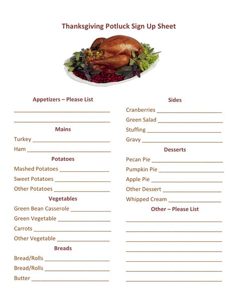 Thanksgiving Potluck List Printable