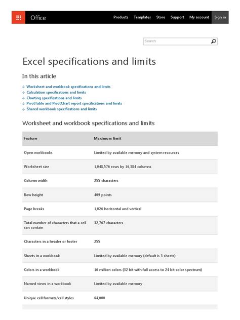 The Amount of Specifications and Limits of a Worksheet to Learn Excel Basics