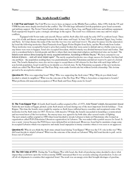 The Arab Israeli Conflict Worksheet Answer Key