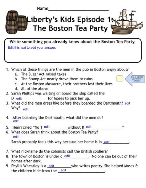 The Boston Tea Party interactive worksheet