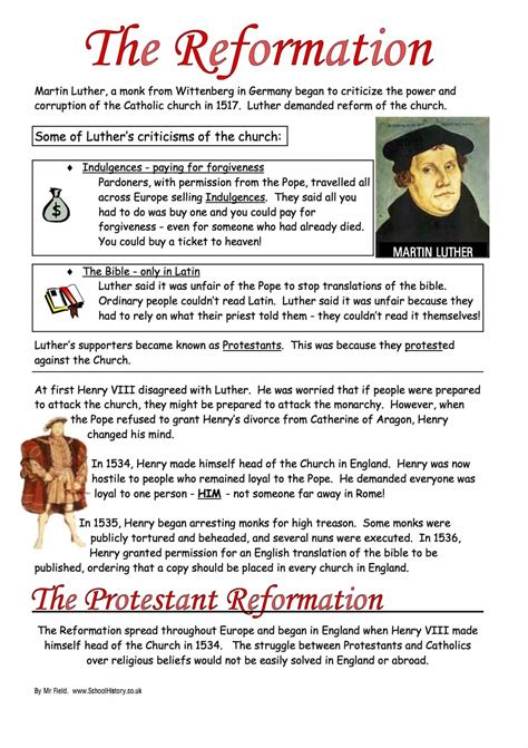 The Protestant Reformation Worksheet