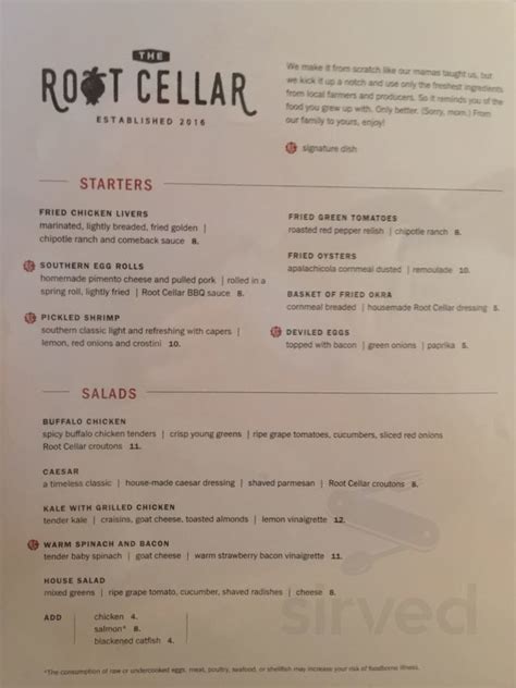 The Root Cellar Lexington Menu