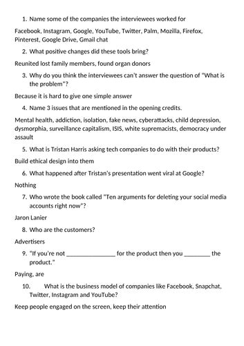 The Social Dilemma Worksheet Answers
