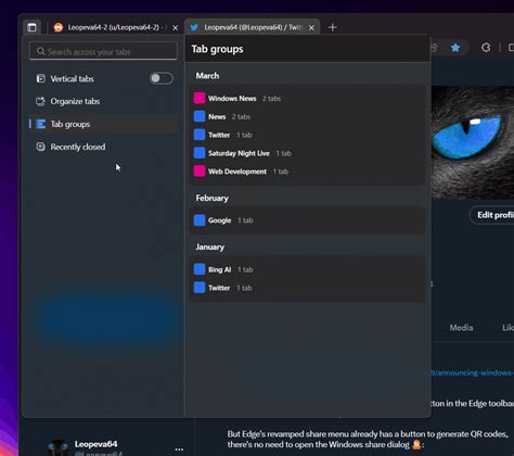 The new Tab Actions Menu is currently being tested in Edge Canary