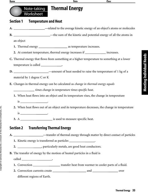 Thermal Energy Worksheet Answer Key