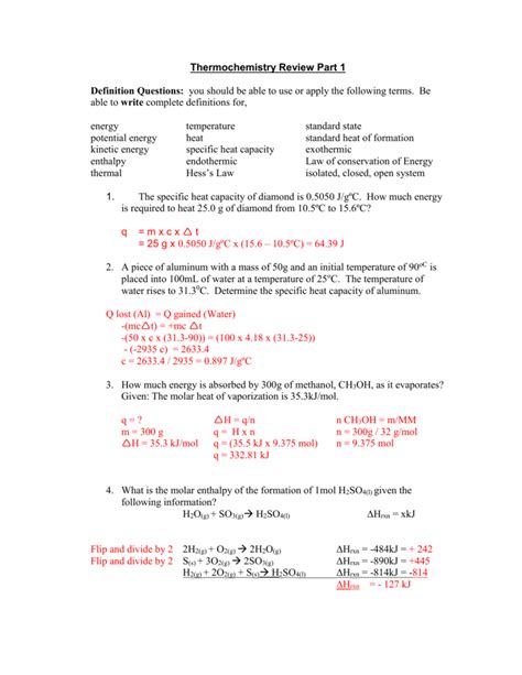 Thermochemistry Review Worksheet Answers