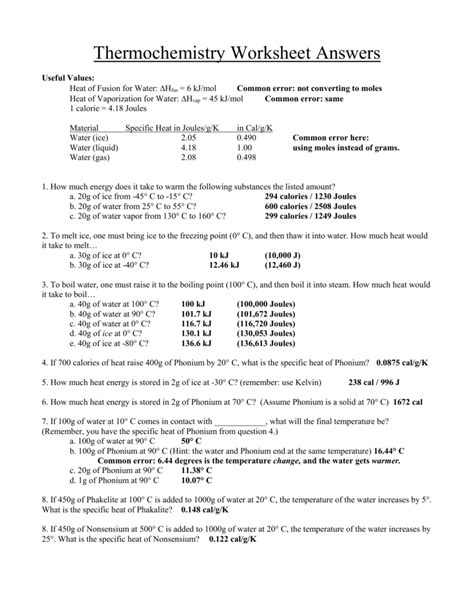 Thermochemistry Worksheet Answer Key