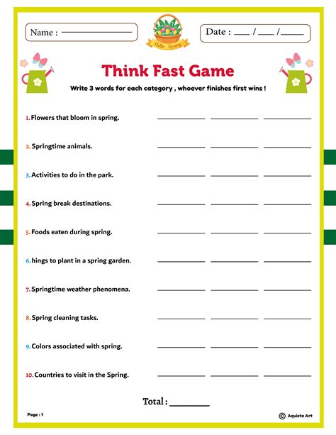 Think Fast Game Printable