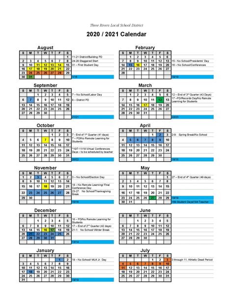 Three Rivers Academic Calendar