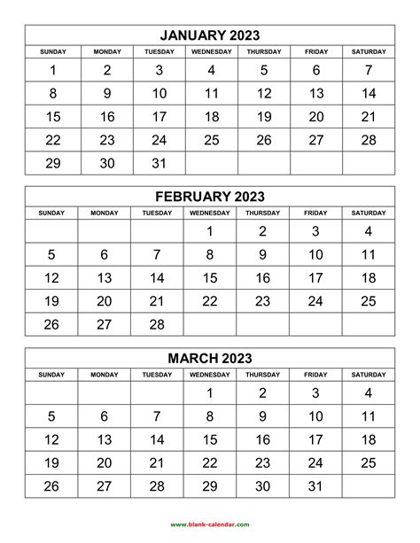 Three Month Printable Calendar 2023