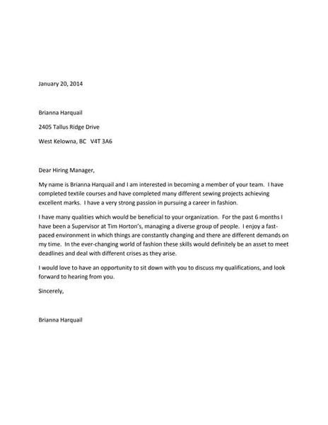 Tim Hortons Cover Letter