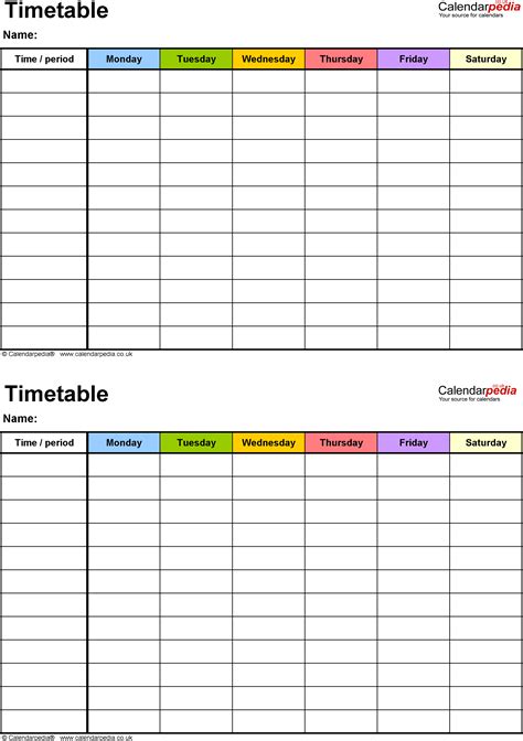 Timetable templates for PDF free and printable
