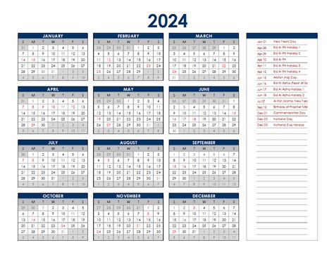 2024 Calendar With Holidays Printable