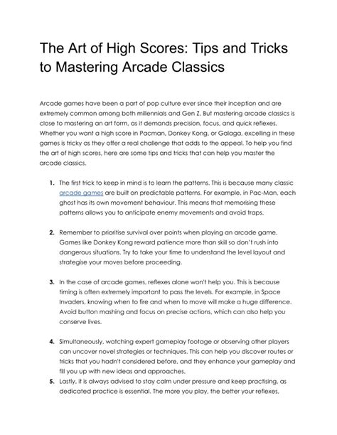 Tips and Tricks for High Scores