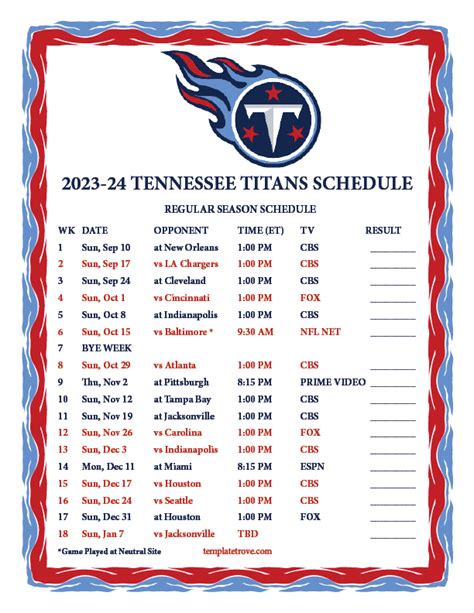 Titans Schedule 2024 Printable