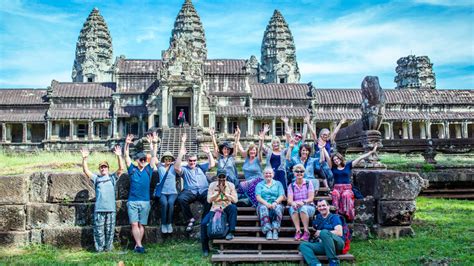 Tourist group exploring Angkor Wat
