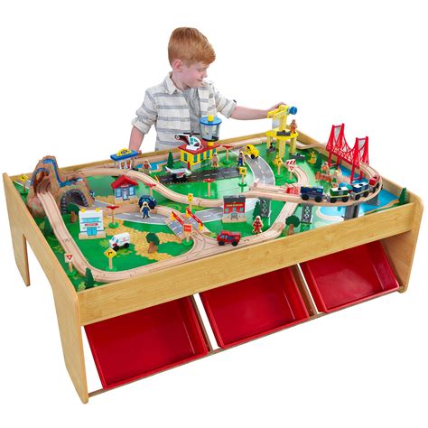Wooden Train Track Table Set Activity Kids Toy Children