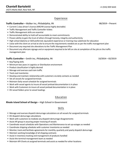 Traffic Control Resume Sample