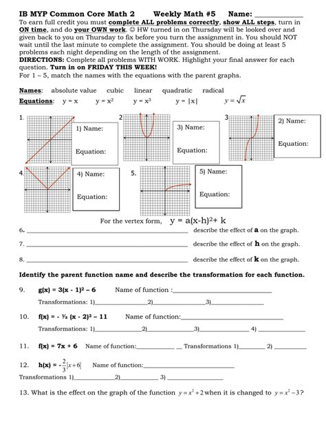 Transformations Of Parent Functions Worksheet Answers