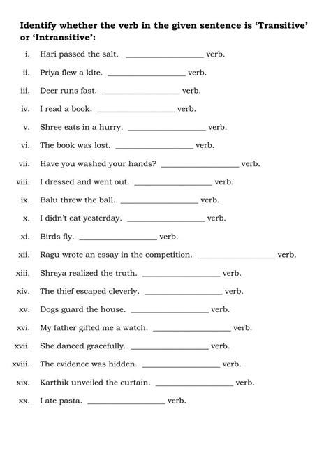 Transitive and Intransitive Verbs Worksheet