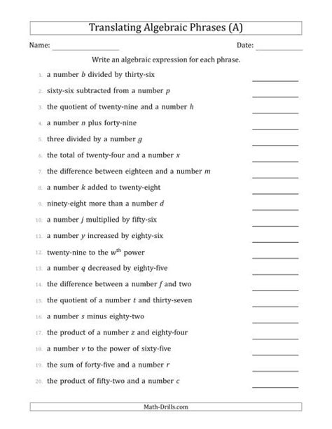 Translating Algebraic Phrases Worksheet