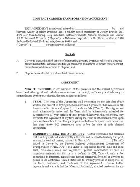 Standard Transportation And Installation Contract Form printable pdf