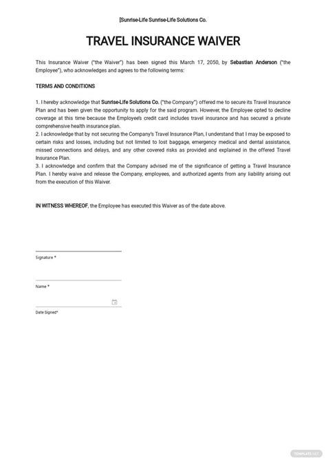 Travel Insurance Waiver Template