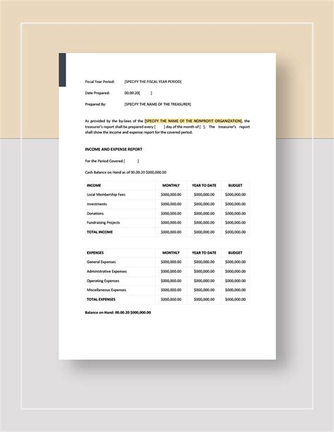 Treasurer Report Template Non Profit