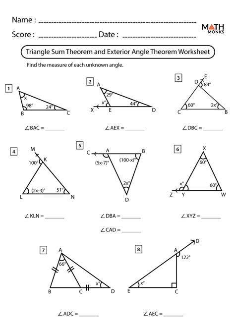 Triangle Sum Theorem And Exterior Angle Theorem Worksheet