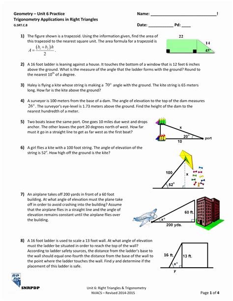 Trig Word Problems Worksheet