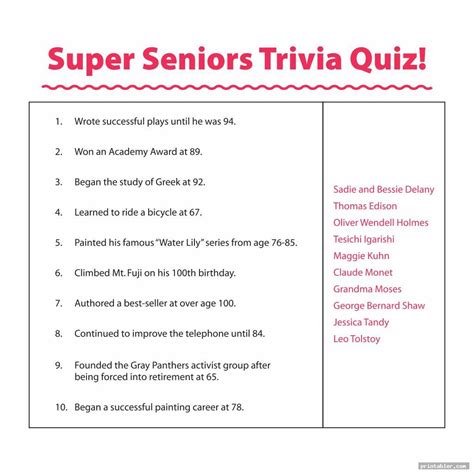 Trivia For Seniors Printable
