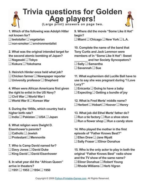 Trivia For Seniors With Answers Printable