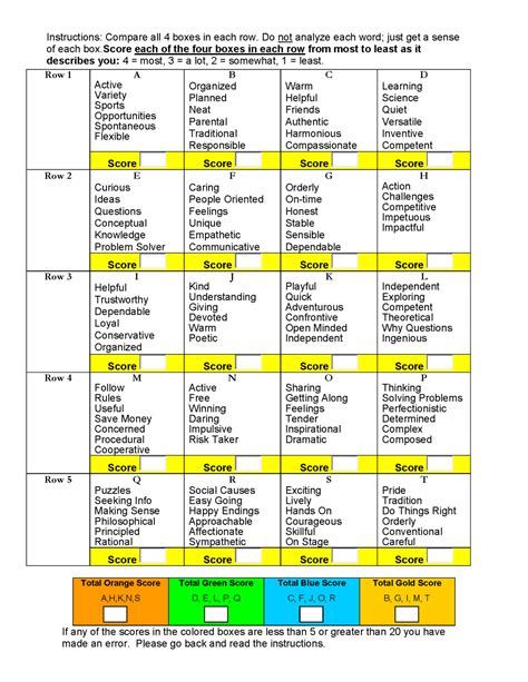 True Color Personality Test Printable