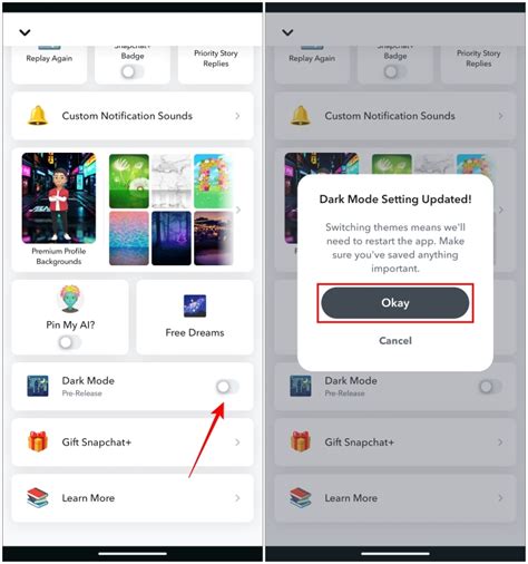 Turn on Dark Mode From Snapchat+ Menu