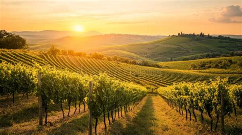 A breathtaking view of a vineyard at sunset, casting a warm glow over the Tuscan hills.