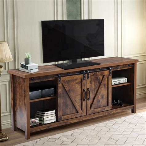 Jaxpety Wooden TV Stand with Sliding Barn Door for 65''TVs, Farmhouse Style Media Console