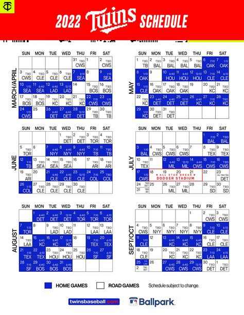 Twins Printable Schedule 2023
