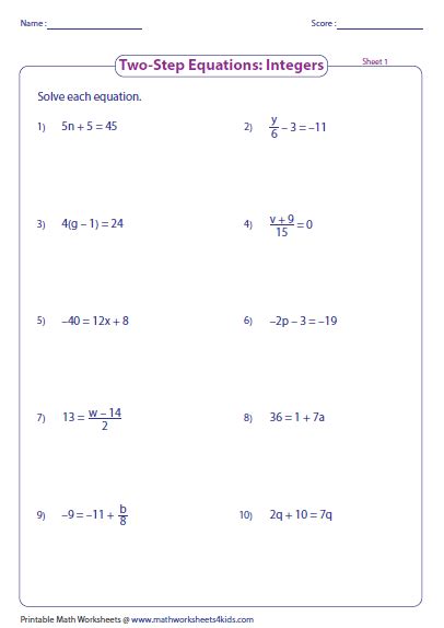 Two Step Equations With Integers Worksheet